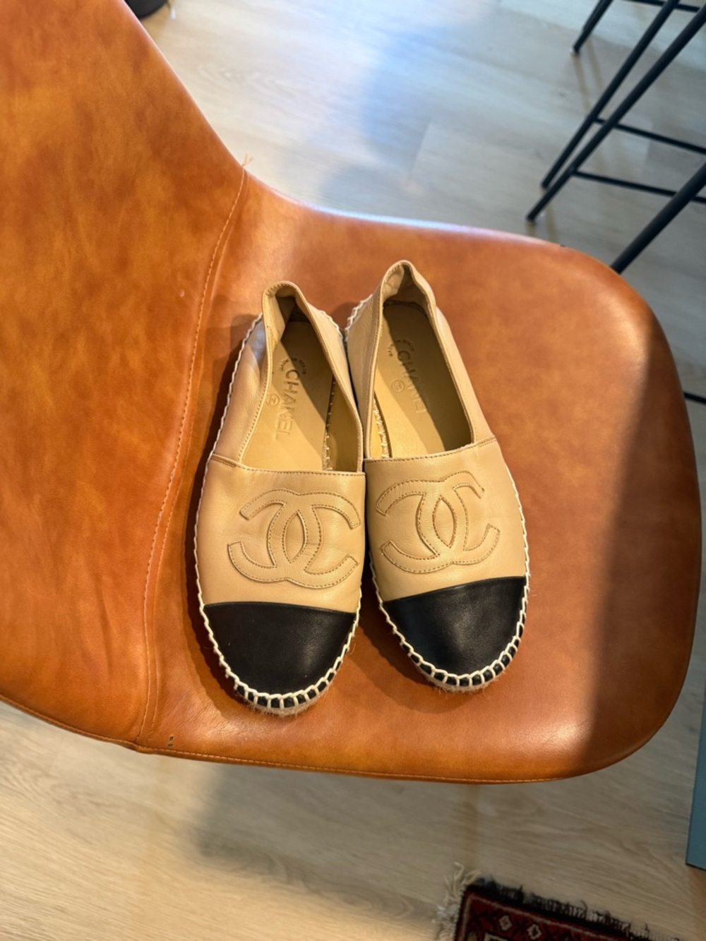 CHANEL Beige Leather Espadrilles with Black Cap Toe very light use